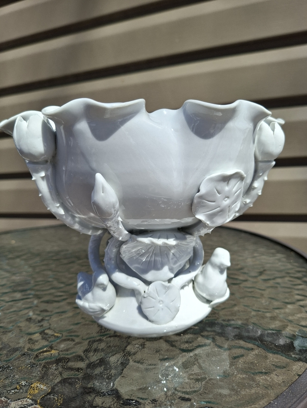 Vintage Blanc de Chine Pedestal Bowl Cachepot Lotus Lily Pads & Bird Motif